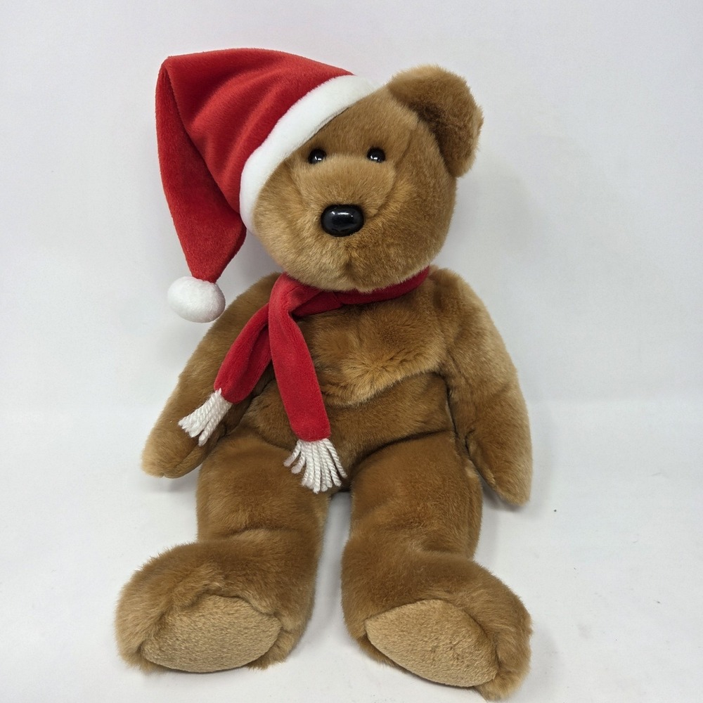 VINTAGE Ty Beanie Buddies Christmas Bear 14" Plush with Scarf & Santa‎ Hat 2001